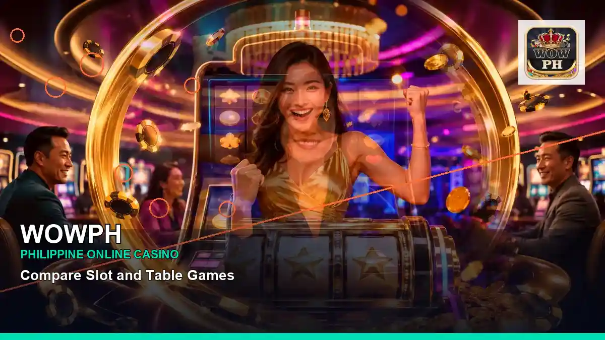 WOWPH Philippines casino guide with centered reels casino bonus games and an adult Filipina casino host — view 2