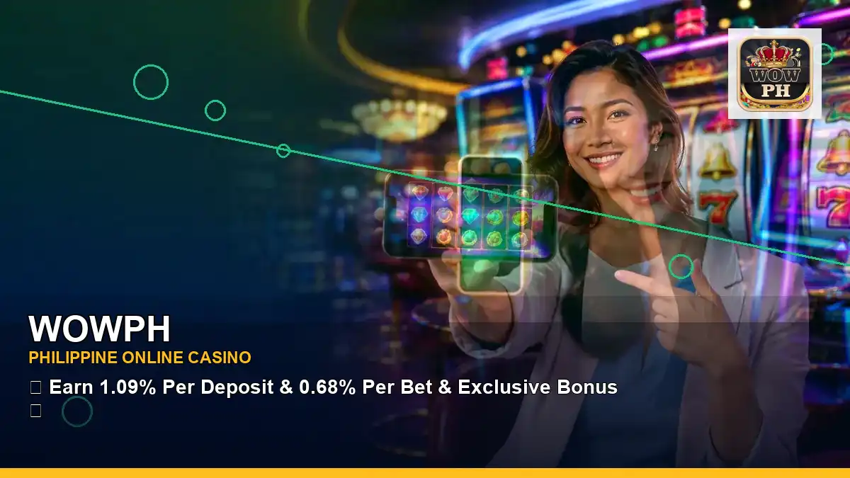 WOWPH first casino deposit and wallet options featuring an adult Filipina casino host with a wide-action composition